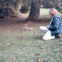 Sarah feeding the squirrels on a visit to Bath with Mary and Paul.